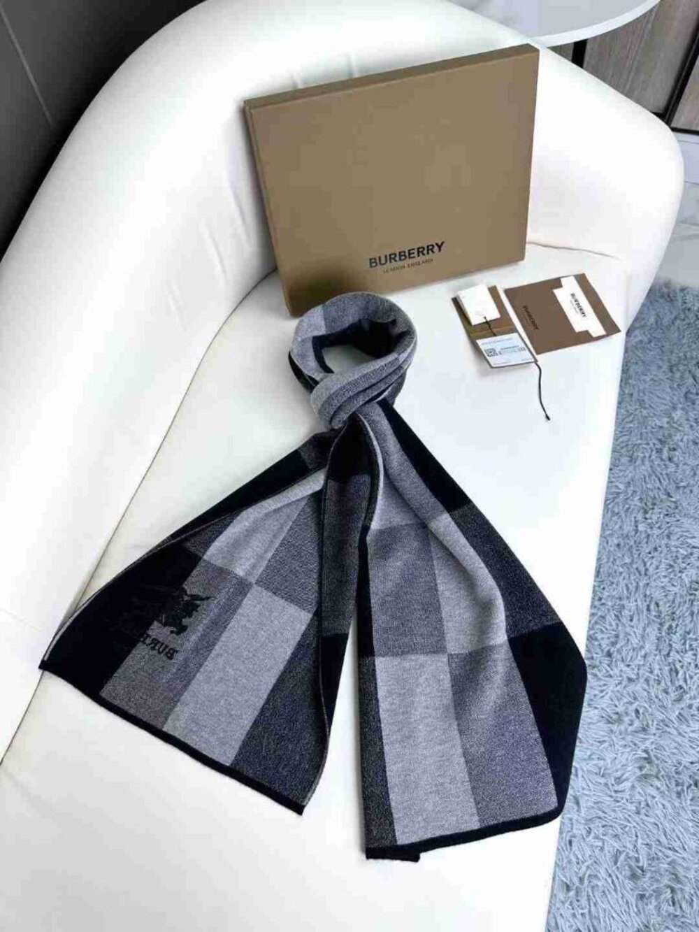 Two-Tone Grey Black Burberry Check Wool Cashmere Scarf Luxury Designer Wrap - Picture 1 of 5